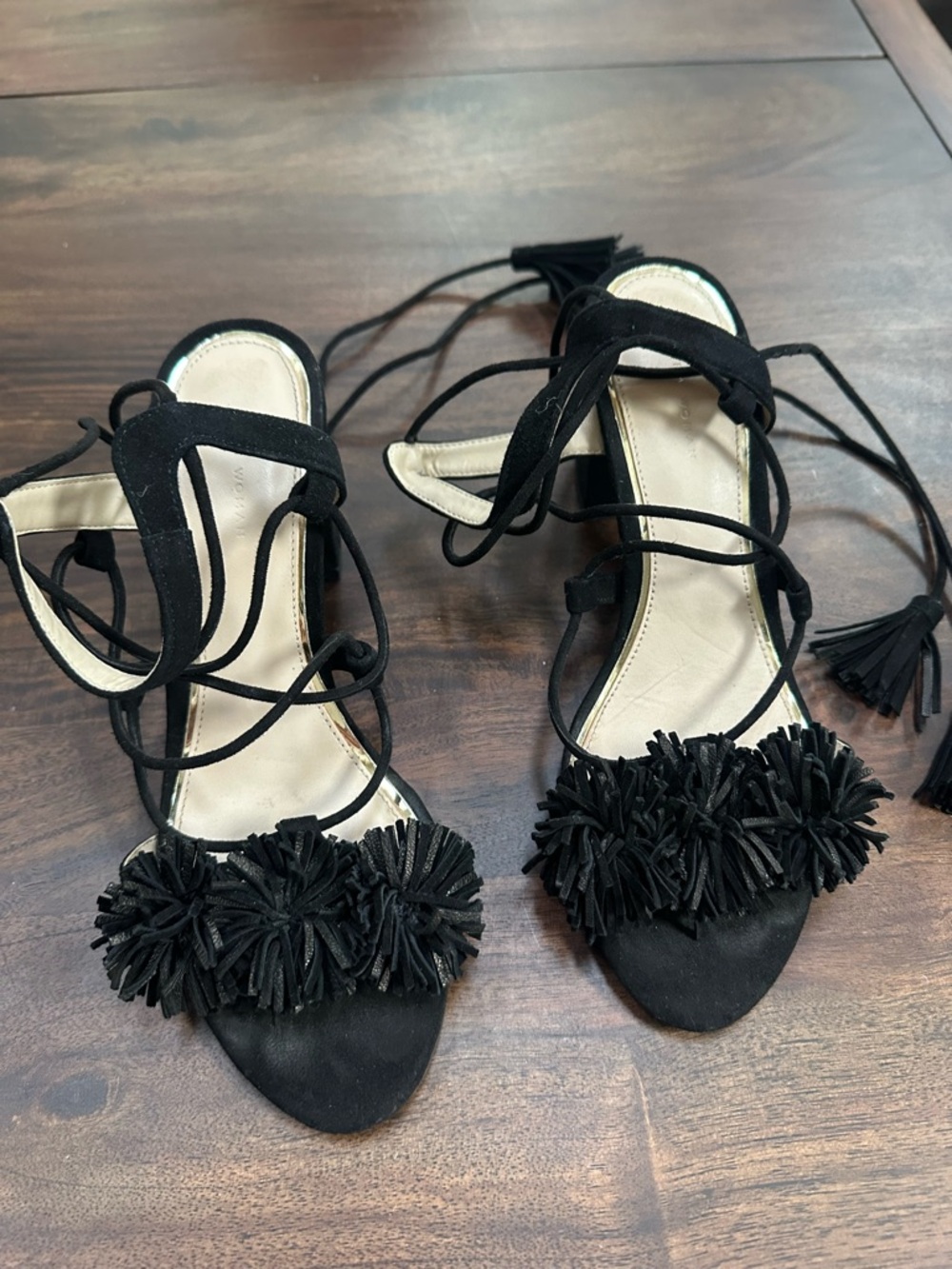 Zara Women’s  Lace-up Sandals Block Heel Fringe Tassel Black Size 7